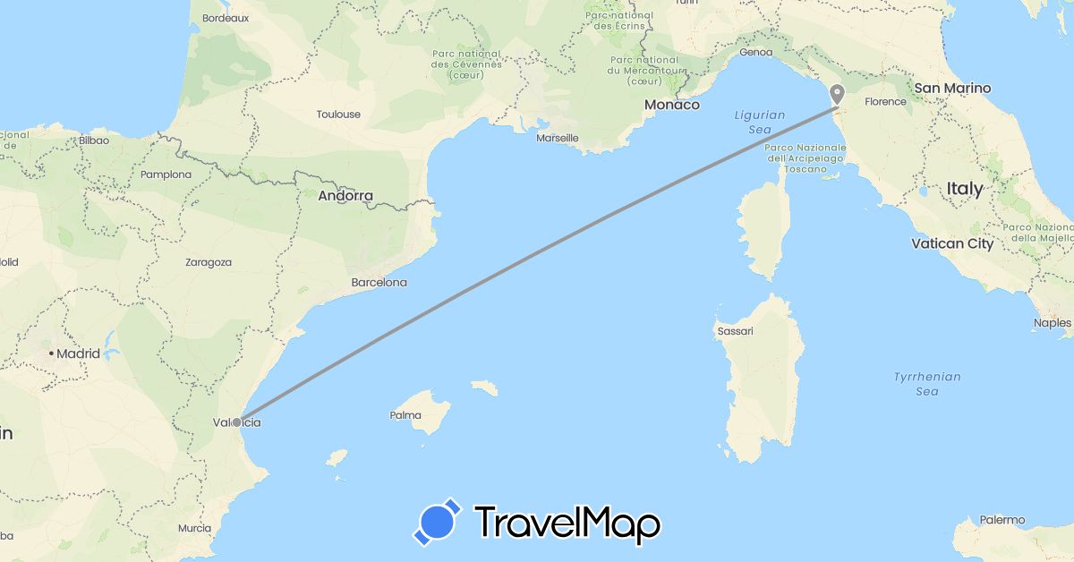 TravelMap itinerary: driving, plane in Spain, Italy (Europe)